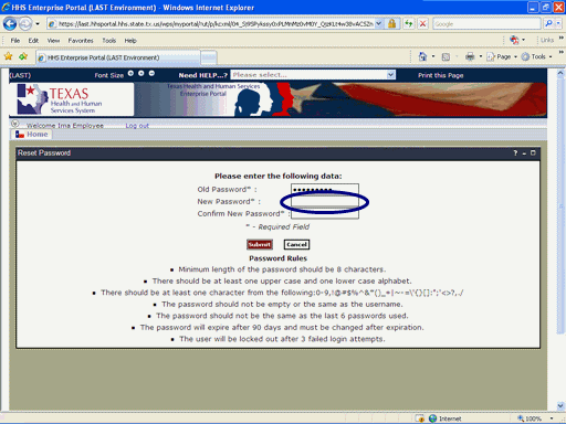 Screen shot of Password Change Page